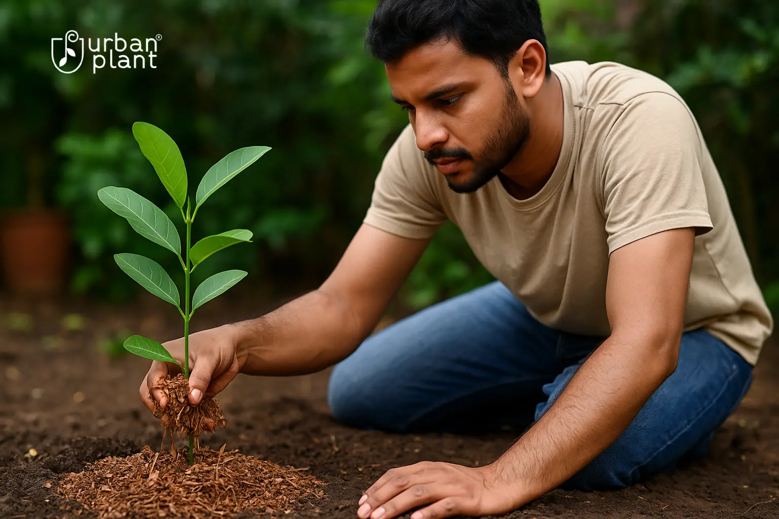 Indian gardener applying organic mulch around a young plant to conserve soil moisture and prevent water loss | Urban Plant